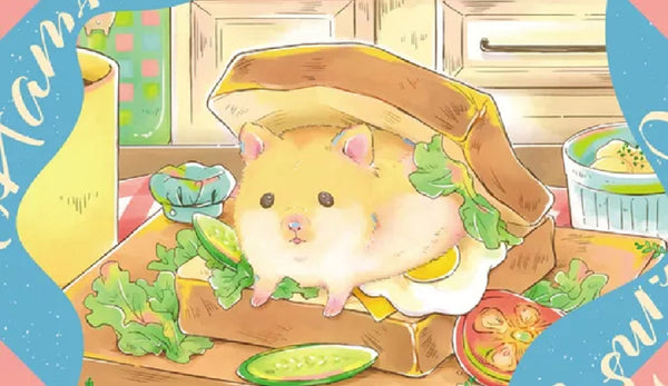 Cover art of Ham's Sandwich Shop, showing a cute yellow hamster sitting in the middle of a sandwich