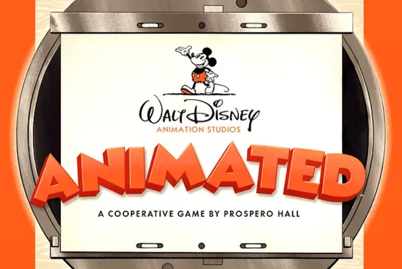 A photo of part of the board game cover for Animated. It shows Mickey Mous waving on a projector screen, with the words "Walt Disney Animation Studios Animated A Cooperative Game by Propero Hall" beneath him