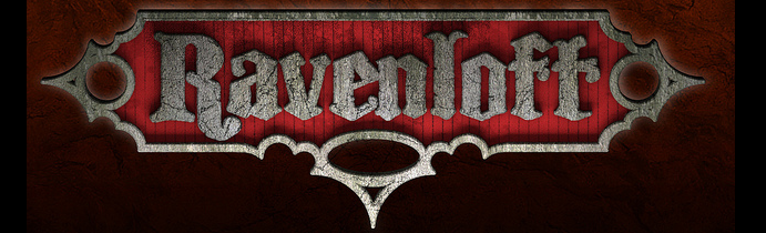 An image of the Ravenloft logo, the word "Raveloft" on a red plaque in a gothic font, in front of a dark red background