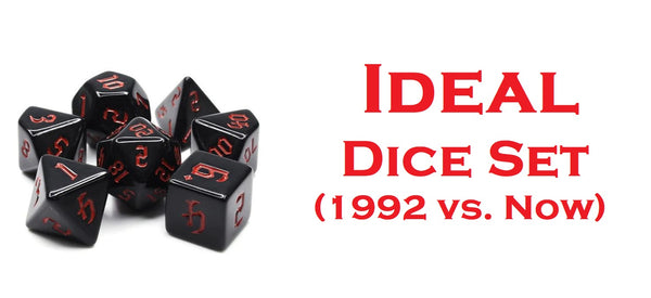 A photo of a set of black dice with red numbering against a white background. Next to it are the words "Ideal Dice Set (1992 vs. Now)"