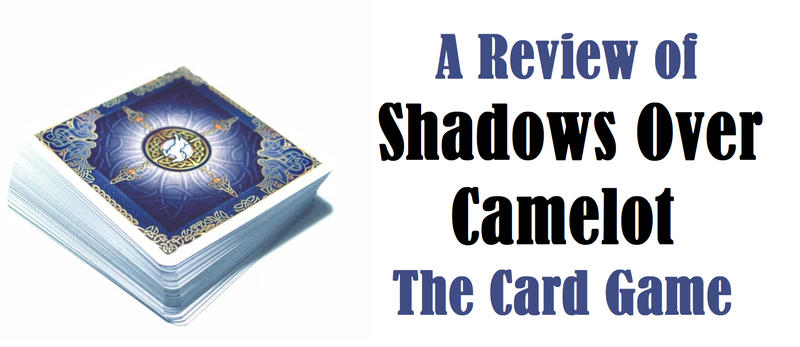 A photo of the cards from Shadows Over Camelot The Card Game. They're square with a blue and white design on the back, with a white horse in the middle. Next to the stack of cards are the words "A Review of Shadows Over Camelot The Card Game"