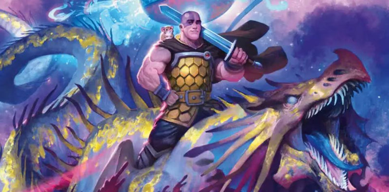 An illustration from the announcement of Spelljammer in 5th edition Dungeons and Dragons. It depicts Minsc, a human ranger with purple face paint, and Boo, a space hamster, riding a dragon through space. 