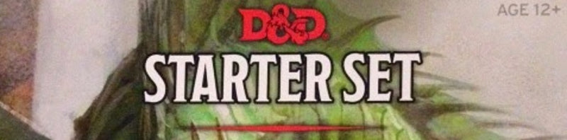 A photo of the top part of the cover of the DnD Starter Set for 5th Edition. You can see the top of a green dragon's neck, as well as the DnD logo and the title "Starter Set" in stylized text