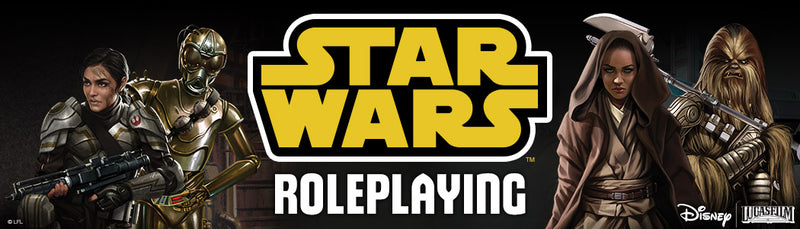 A header from the Star Wars FFG RPG website, showing several droids, jedi, wokie, and smuggler characters next to the Star Wars logo