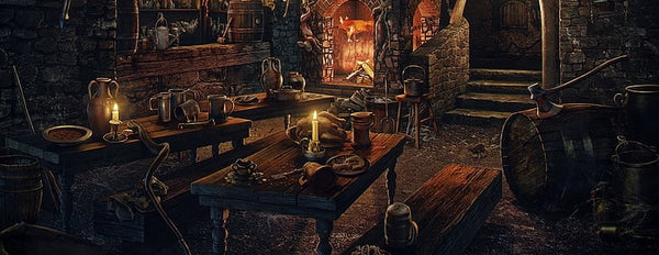 A digital rendering of a medieval tavern, dimly lit with a fireplace and several wooden tables and candles