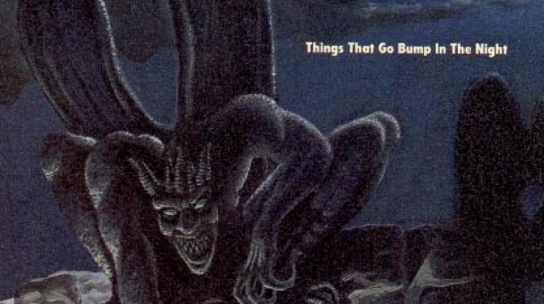An illustration of a gargoyl in dark colors against a dark sky, with the words "Things that Go Bump in the Night" in small white font next to it