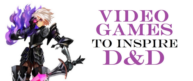 An illustration of a man with white hair and black armor, holding a sword and erupting purple flames from his eye. Next to him are the words "Video Games to inspire DND"