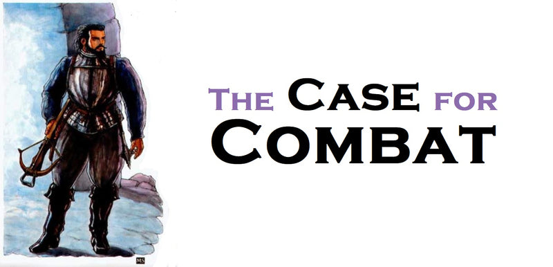 An illustration of a man in metal armor, howling a crossbow, against a blue and purple background. Next to him are the words "the case for combat" in typgography