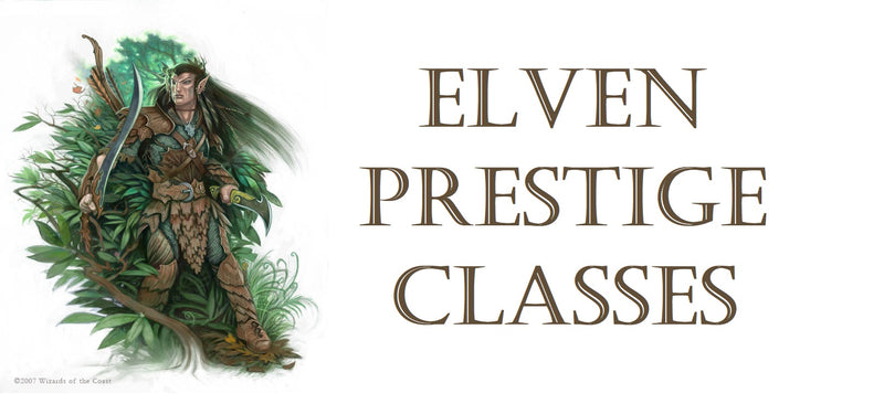 An illustration of an elf in leather armor, with long black hair, holding a bow. He emerges from the shrubbery of the forest. Next to the illustration are the words "Elven Prestige Classes"