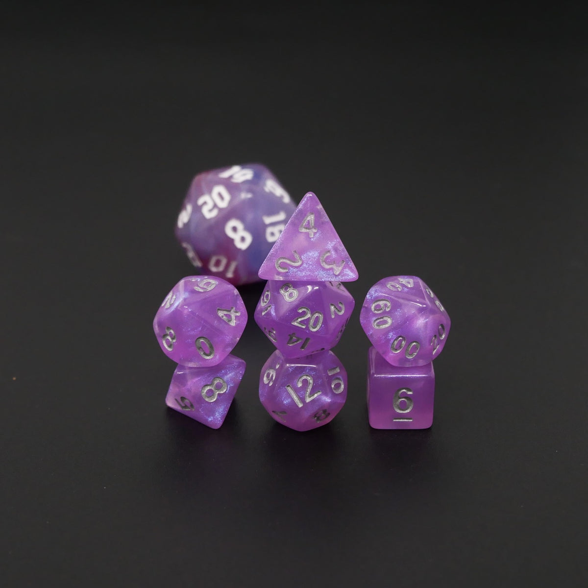 Lavender Fields Forever, 7 piece dice set, sold purple dice, Dungeons and Dragons, gift for gamer, Pathfinder dice, ttrpg dice, sharp edged dice