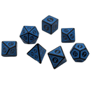 Set of blue polyhedral dice on a white background