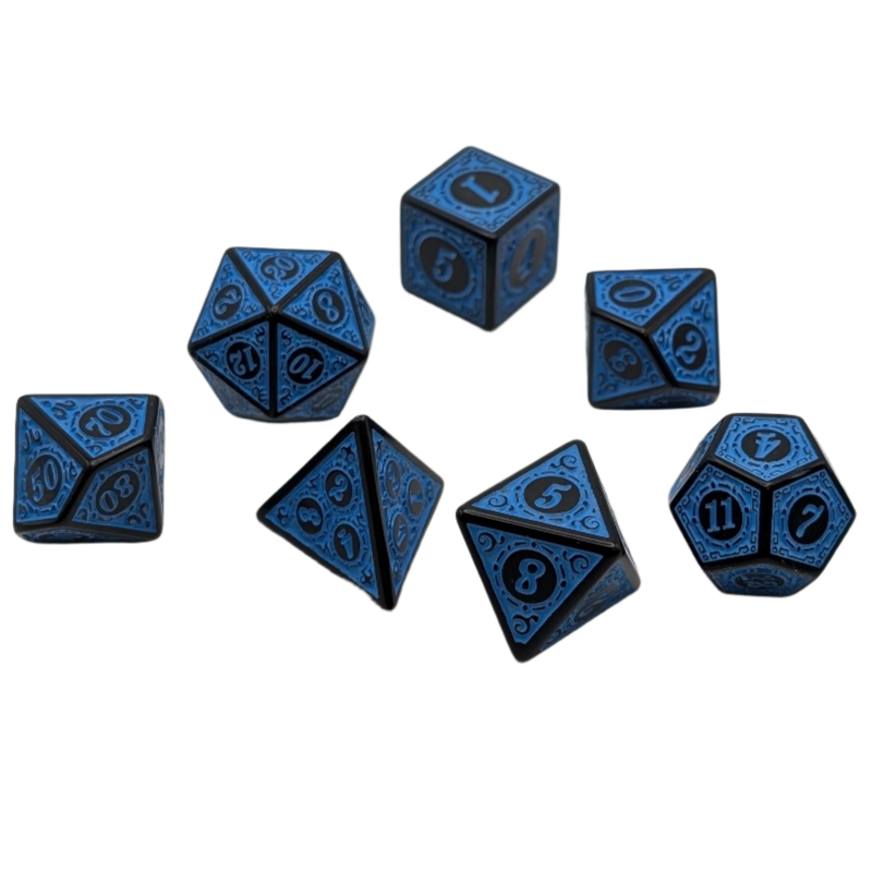 Set of blue polyhedral dice on a white background