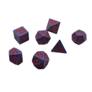 Set of red and blue polyhedral dice on a white background