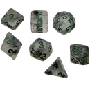 Set of dice with green numbers on a white background