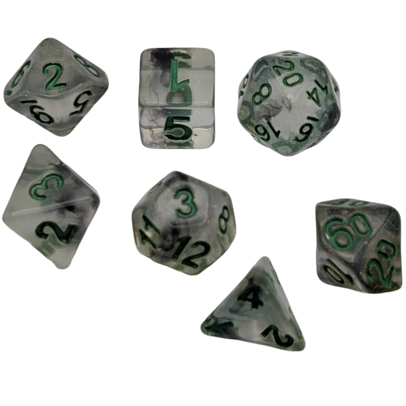 Set of dice with green numbers on a white background