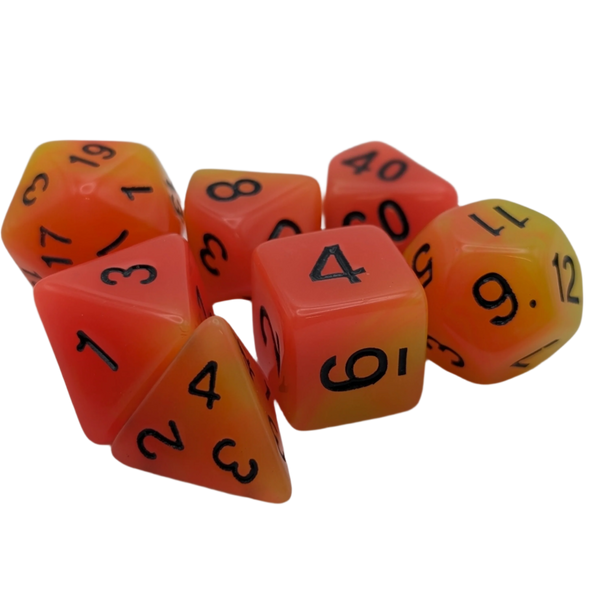 Orange polyhedral dice set with black numbers on a white background