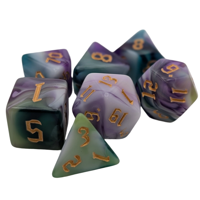 Set of colorful polyhedral dice with gold numbers on a white background