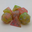 Set of colorful polyhedral dice on a white background