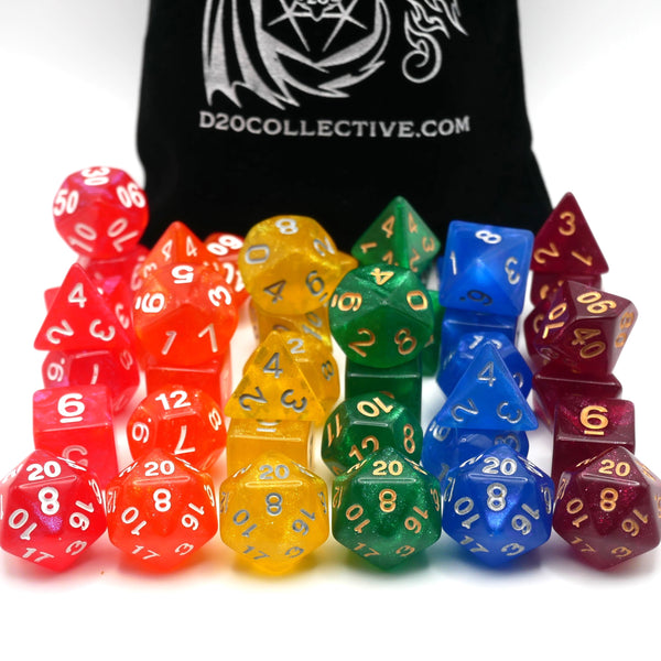 Rainbow Bundle - 6 Set Bundle w/ Dice Bag - 7 Piece DnD Dice Sets | Acrylic RPG Gaming Dice