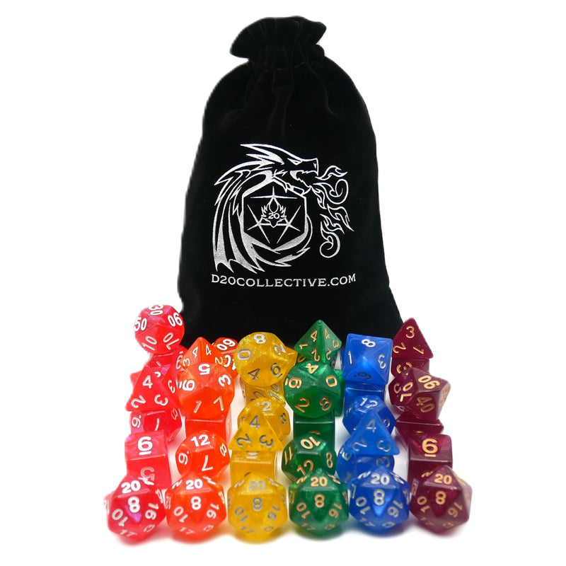 Rainbow Bundle - 6 Set Bundle w/ Dice Bag - 7 Piece DnD Dice Sets | Acrylic RPG Gaming Dice