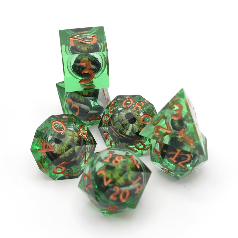 Green Slaadi's Eye - 7 Piece Moving Eye DnD Dice Set | Acrylic RPG Gaming Dice