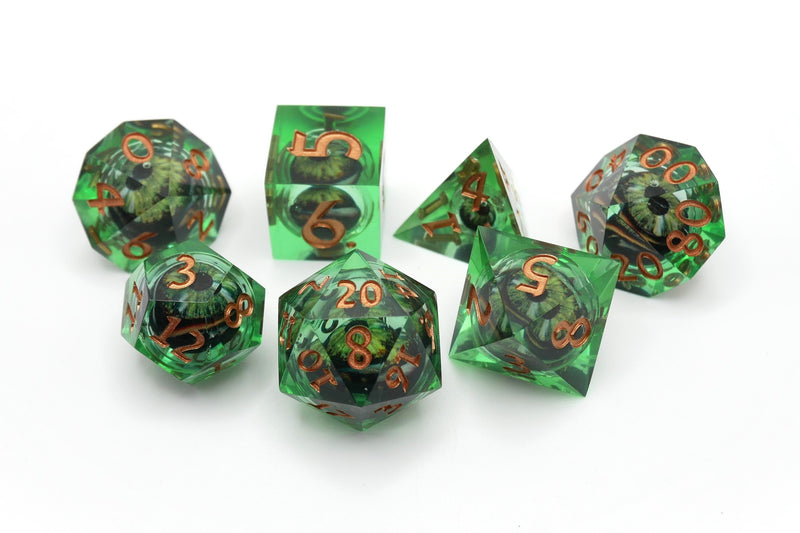 Green Slaadi's Eye - 7 Piece Moving Eye DnD Dice Set | Acrylic RPG Gaming Dice