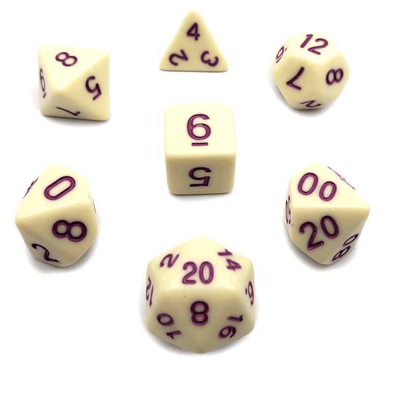 Magpie - D20 Collective - Dice - DND Tabletop RPG Dice - .48, 7 Piece Sets, Acrylic, Cream, Dice, Dice and Tokens, dicecolor_Cream, dicecolor_White, dicecolor_Yellow, diceluminescence_None, diceluminescencel_None, dicematerial_Acrylic, dicenumber color_Purple, dicenumber_pink, dicenumbercolor_Magenta, diceopacity_Solid, dicepattern_Solid, dicesize_Standard, Gaming Dice, material_Acrylic, None, Plastic Dice, Purple, size_Standard, Solid, Standard, under10, White, Yellow