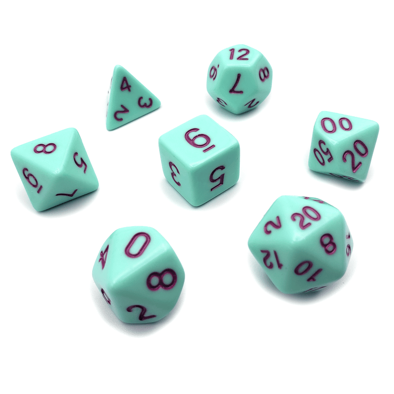 Crème de Menthe - D20 Collective - Dice - DND Tabletop RPG Dice - .48, 7 Piece Sets, Acrylic, Blue, Dice, Dice and Tokens, dicecolor_Blue, dicecolor_Green, diceluminescence_None, diceluminescencel_None, dicematerial_Acrylic, dicenumber color_Purple, dicenumbercolor_magenta, dicenumbercolor_Purple, diceopacity_Solid, dicepattern_Solid, dicesize_Standard, Gaming Dice, Green, material_Acrylic, None, Plastic Dice, Purple, size_Standard, Solid, Standard, under10