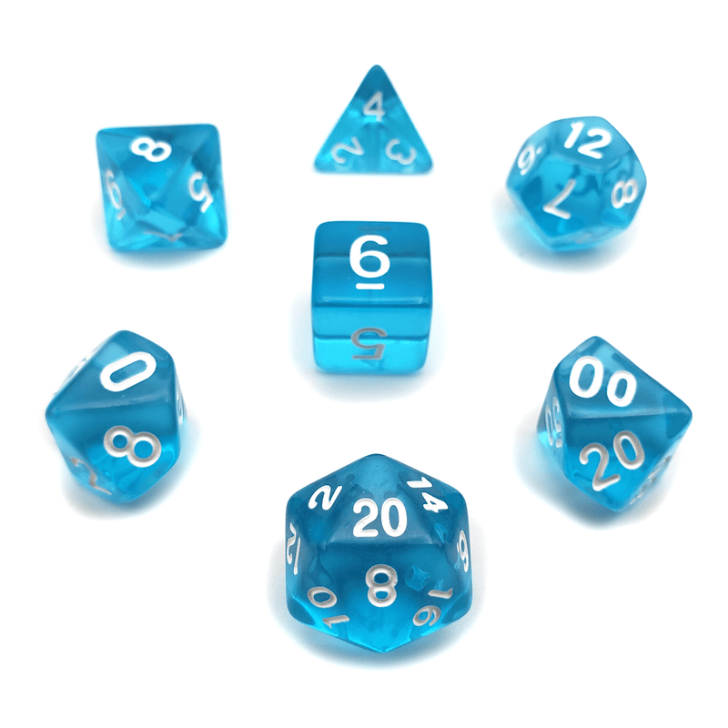 Boon of the Sea - D20 Collective - Dice - DND Tabletop RPG Dice - .48, 7 Piece Sets, Acrylic, Blue, Dice, Dice and Tokens, dicecolor_Blue, diceluminescence_None, dicematerial_Acrylic, dicenumber color_White, diceopacity_Transparent, dicepattern_Solid, dicesize_Standard, Gaming Dice, None, Solid, Standard, Transparent, White