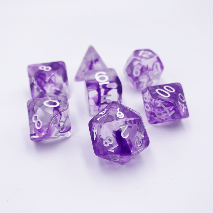 Bard Class Dice - D20 Collective - Dice - DND Tabletop RPG Dice - 7 Piece Sets, Acrylic, Clear, Dice, dicematerial_Acrylic, Marbled, None, Purple, Standard, Transparent, White Numbers