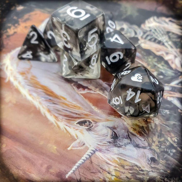 Cleric Class Dice - D20 Collective - Dice - DND Tabletop RPG Dice - 7 Piece Sets, Acrylic, Black, Clear, Dice, dicematerial_Acrylic, Marbled, None, Standard, Transparent, White Numbers