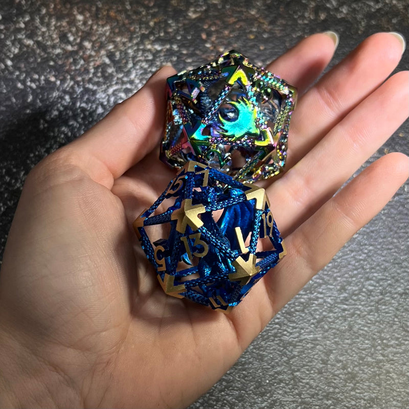 Ancient Sapphire Dragon | Giant D20 Hollow Metal DnD Dice | RPG Gaming Dice