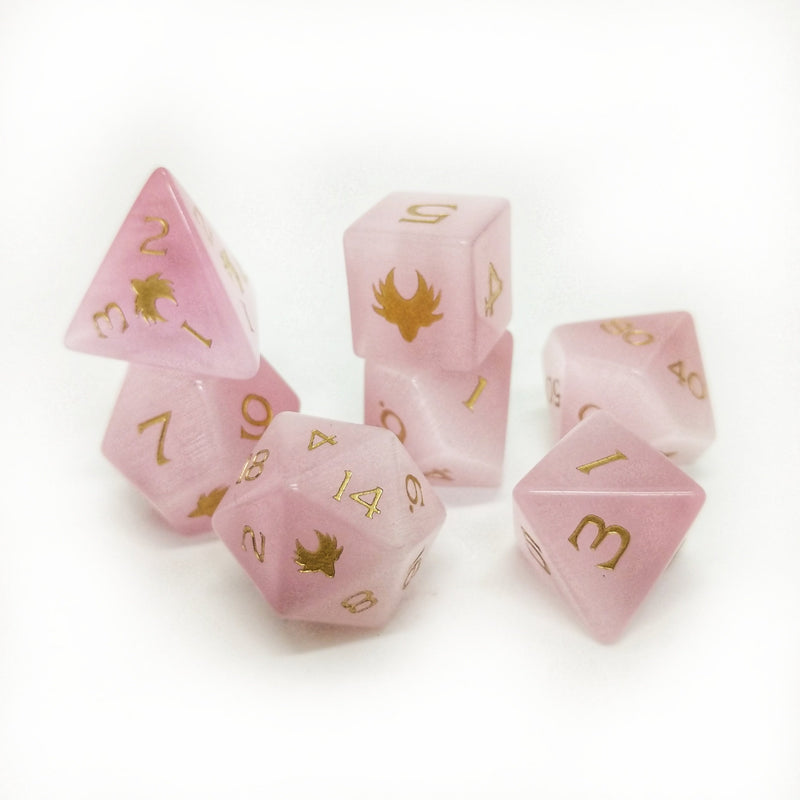 Cat's Eye - Pink  Gemstone Dice Set - D20 Collective - Dice - DND Tabletop RPG Dice - 7 Piece Sets, Dice, Gemstone
