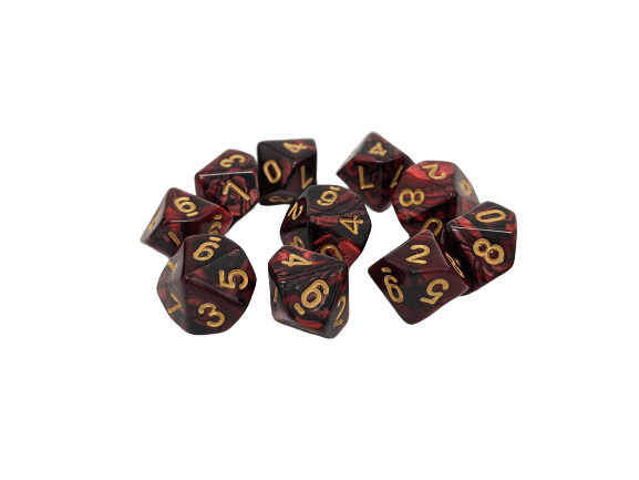 Blood Onyx 10d10 - D20 Collective - Dice - DND Tabletop RPG Dice - 10d10, 7 Piece Sets, Acrylic, Black, Dice, Dice and Tokens, dicecolor_Black, dicecolor_Red, diceluminescence_None, dicematerial_Acrylic, dicenumber color_Gold, diceopacity_Solid, dicepattern_Marbled, dicesize_Standard, Gaming Dice, Gold, Gold Numbers, Halloween, Marbled, Multicolored, None, Red, Solid, Spooky Dice, Standard